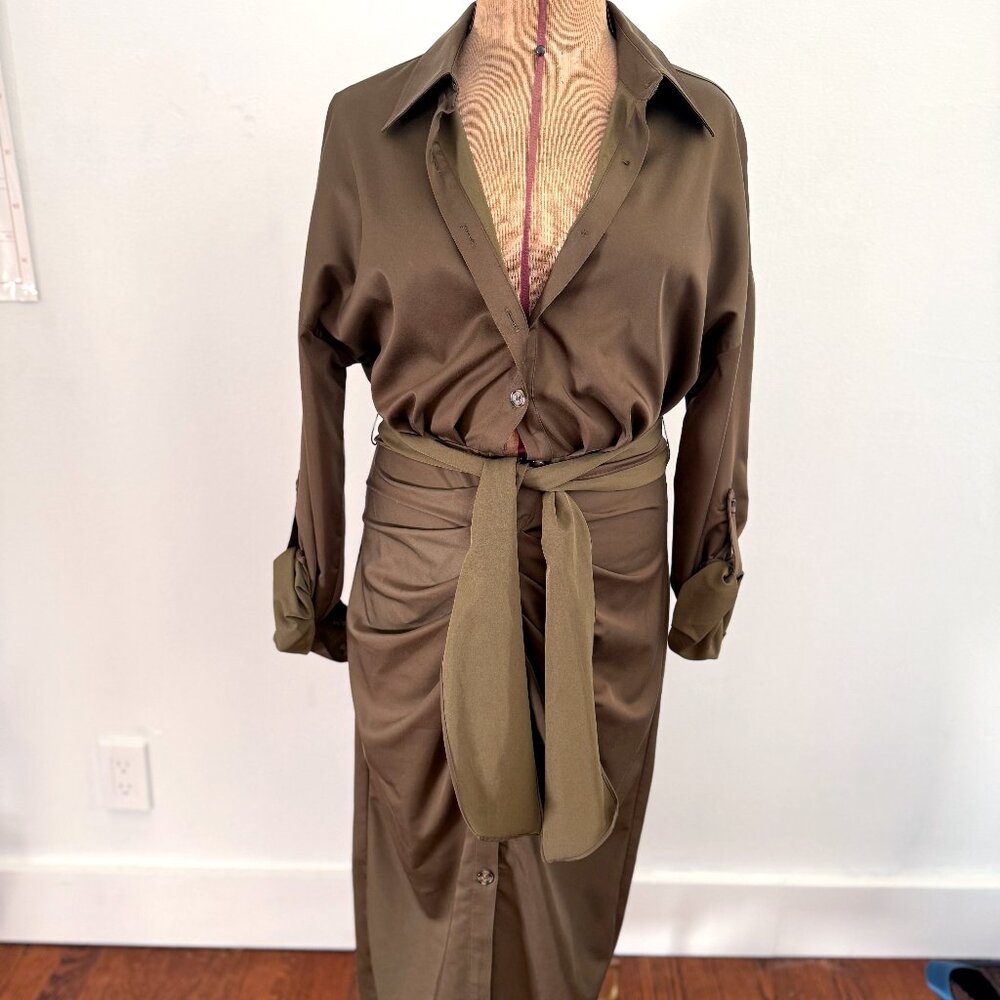 Antonio Melani Olive Ruched Tie-Waist Shirt Dress • Size 4